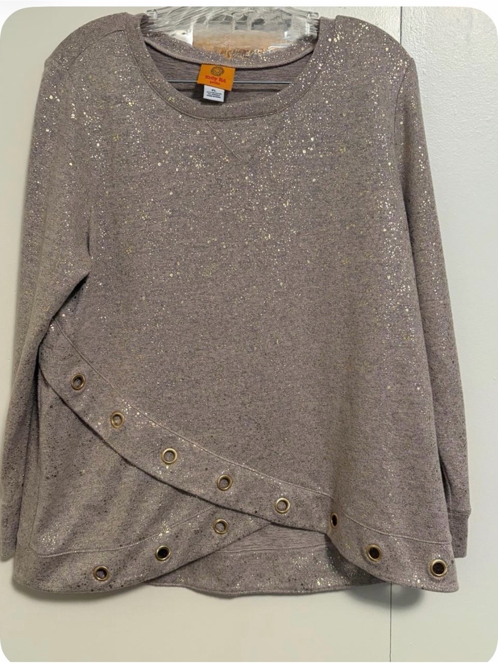 Ruby Rd. Taupe Sparkle Eyelet Hem Sweatshirt